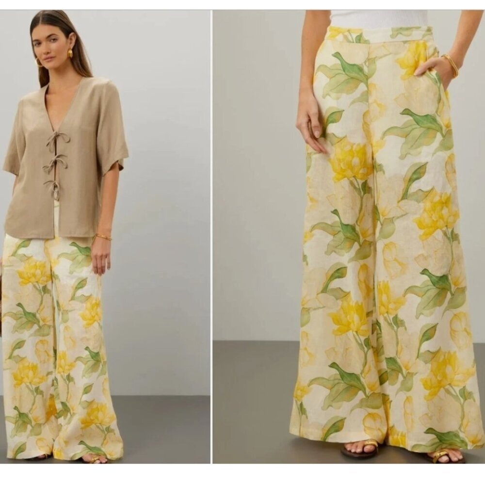 Christy‎ Lynn Marta Pants Trousers Linen Wide-Leg Yellow Floral Size XL *FLAW